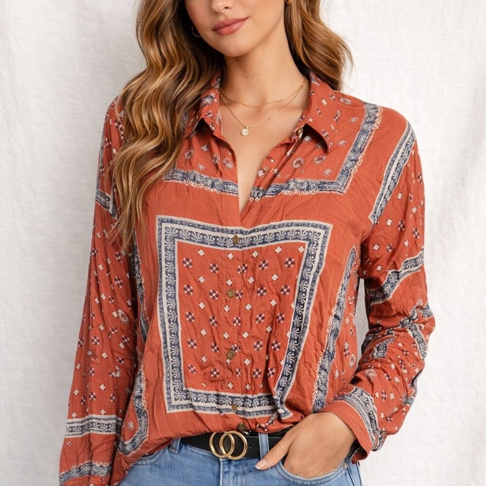 Free People Rust Bandana Print Button Down Boho Western Shirt Large
